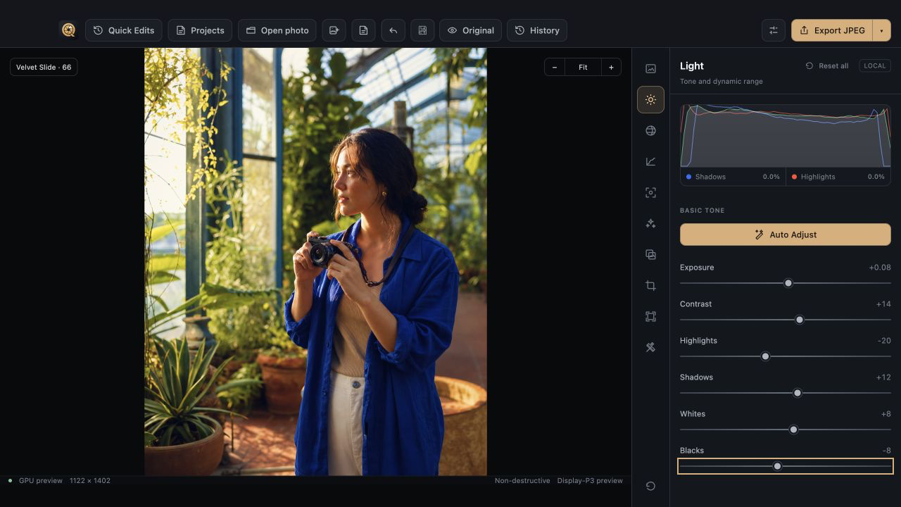 Quiutie desktop editor shaping light in a portrait.